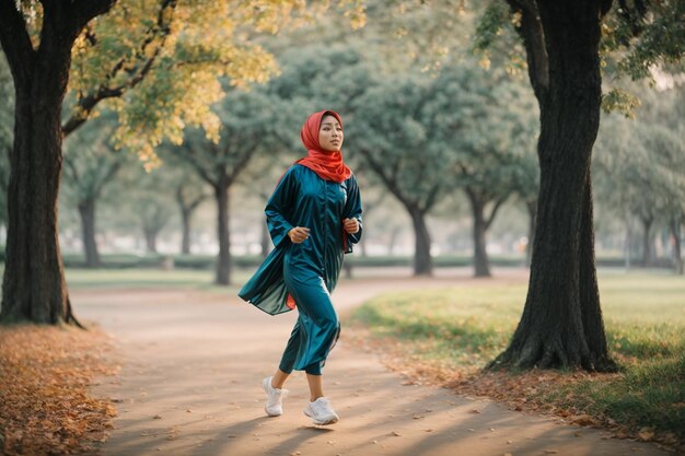 mujer musulmana corriendo por la mañana