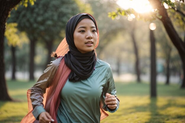 mujer musulmana corriendo por la mañana