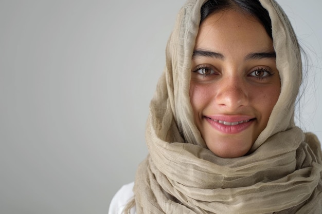 Foto mujer musulmana elegante con pañuelo en la cabeza sonriendo cálidamente