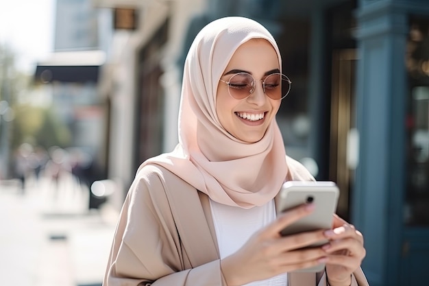 Mujer musulmana feliz en hijab usando un teléfono inteligente