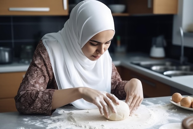 Mujer musulmana haciendo masa cocinando madre de moda genera Ai