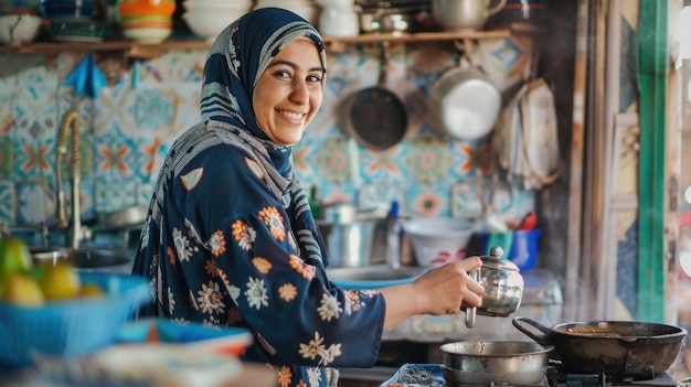 Una mujer musulmana haciendo té con una sonrisa en una cocina bellamente decorada
