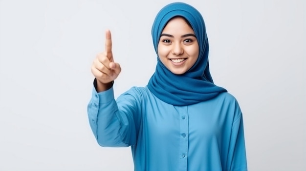 Mujer musulmana con hijab apuntando sobre fondo blanco.