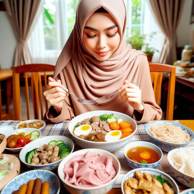 Foto mujer musulmana con hijab comiendo en una mesa llena de comida