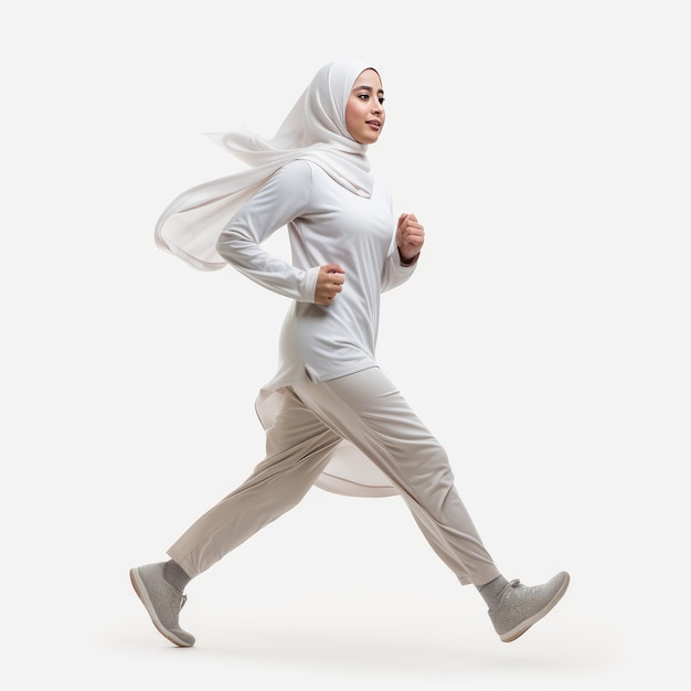 Mujer musulmana con hijab corre sobre un fondo blanco generado por la IA
