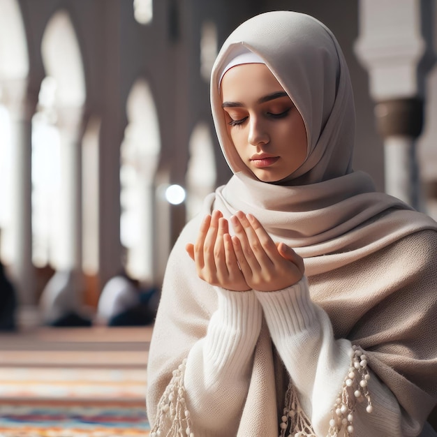 Mujer musulmana con hijab orando en una mezquita