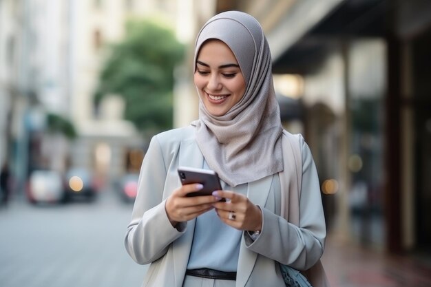 Foto mujer musulmana en hijab usando un teléfono inteligente