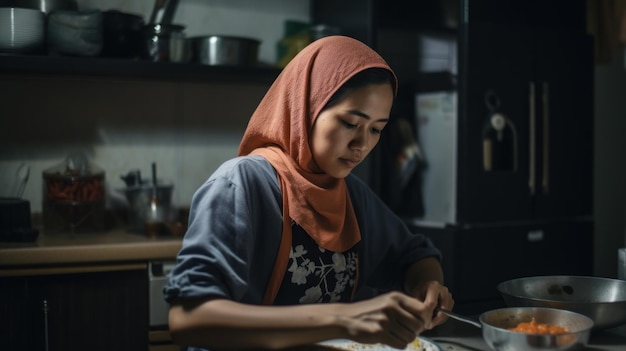 Mujer musulmana en hiyab cocinando comida en la cocina en casa Hermosa joven mujer musulmana asiática en la cocina IA generativa