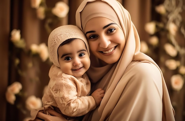 Mujer musulmana con un hiyab islámico sonriendo y sosteniendo a un niño ai generado