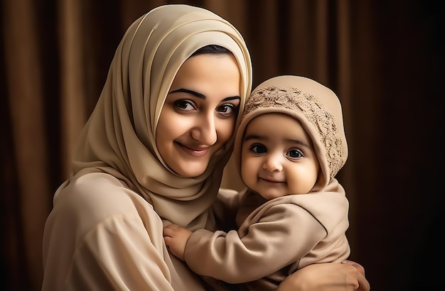 Mujer musulmana con un hiyab islámico sonriendo y sosteniendo a un niño ai generado