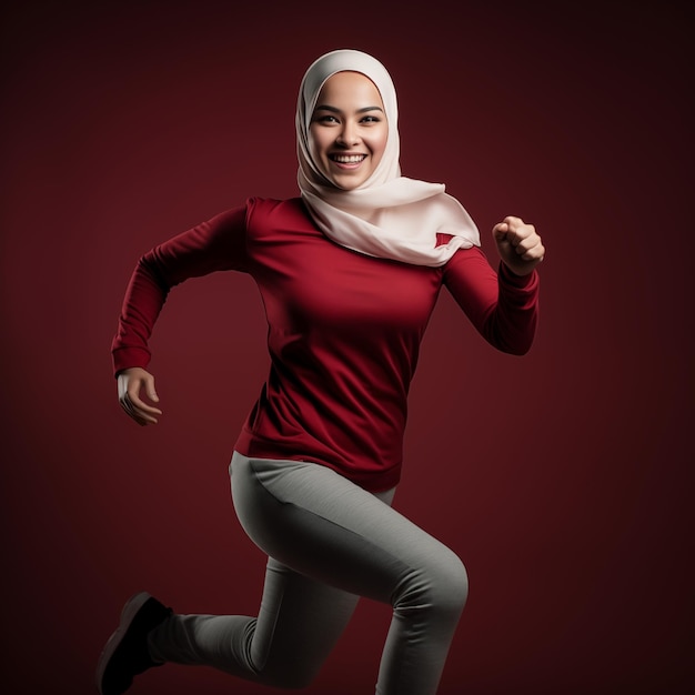 Mujer musulmana indonesia con hiyab corriendo