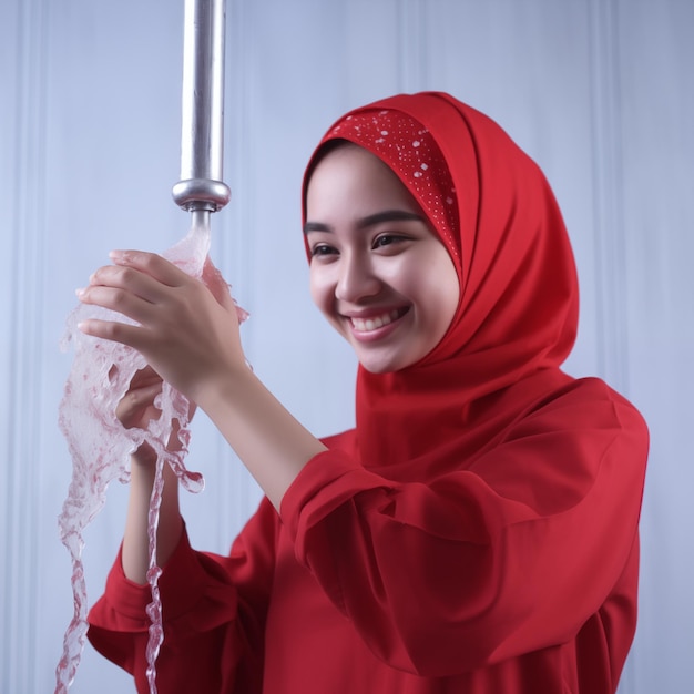 Una mujer musulmana indonesia que lleva un hijab está haciendo ablución wudhu lavándose la cara antes de la oración