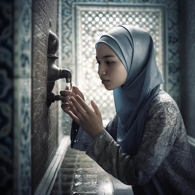 Una mujer musulmana indonesia que lleva un hijab está haciendo ablución wudhu lavándose la cara antes de la oración