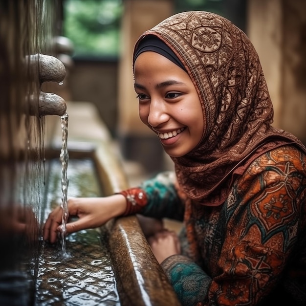 Una mujer musulmana indonesia que lleva un hijab está haciendo ablución wudhu lavándose la cara antes de la oración