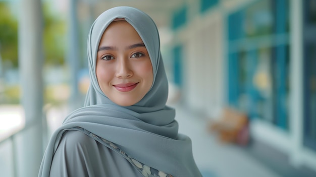 Mujer musulmana joven con hijab sonriendo en un edificio moderno