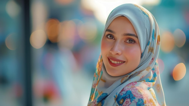 Mujer musulmana joven con hijab sonriendo en un edificio moderno