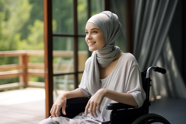 Mujer musulmana joven paciente que lleva un pañuelo en la cabeza de pacientes con cáncer sentada en una silla de ruedas y sonriendo tratamiento y dando esperanza Concepto del Día Mundial del Cáncer