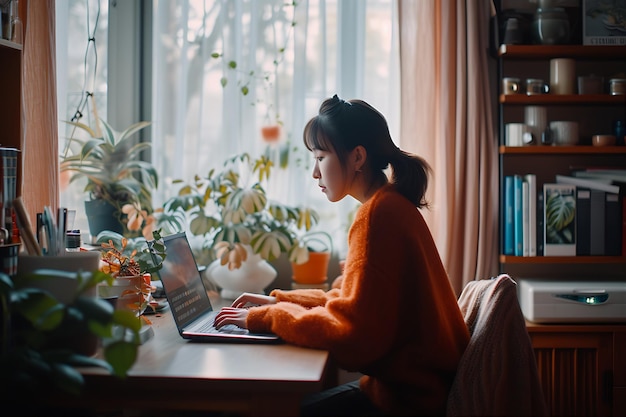 Mujer musulmana joven que trabaja en casa con una computadora portátil
