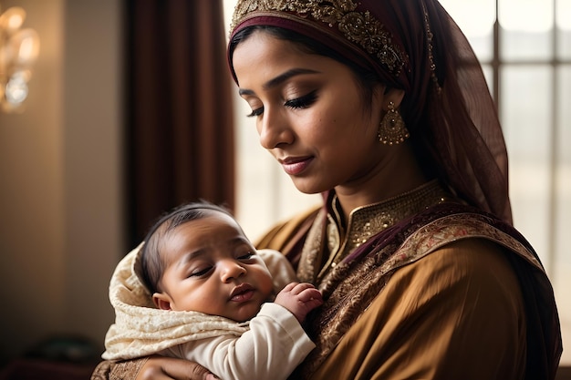 Mujer musulmana joven con ropa nacional sosteniendo a un bebé recién nacido en sus brazos