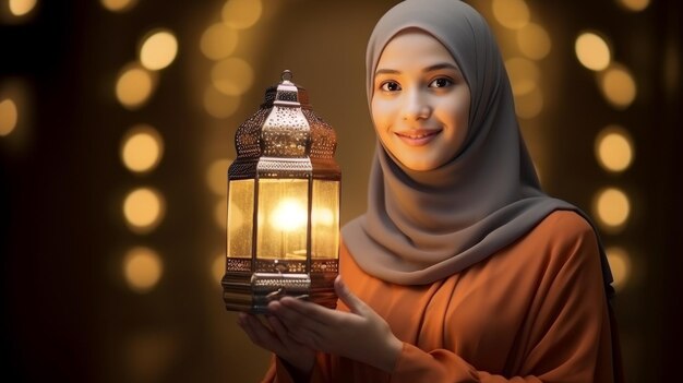 mujer musulmana con linterna sobre el fondo bokeh concepto de Ramadan Kareem