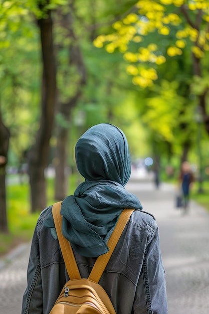 Mujer musulmana con mochila caminando en una exuberante ciudad de parques verdes en Europa