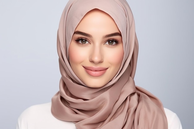 Una mujer musulmana modelo de maquillaje publicidad cuidado de la piel piel de la cara brillante usando hijab