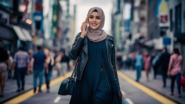 Foto mujer musulmana moderna y elegante con chaqueta de cuero hijab y abaya negra caminando por la calle de la ciudad hablando