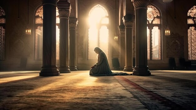 Foto una mujer musulmana orando dentro de la mezquita