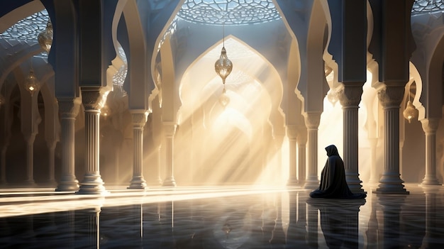 Mujer musulmana orando en la mezquita Ramadán Kareem de fondo