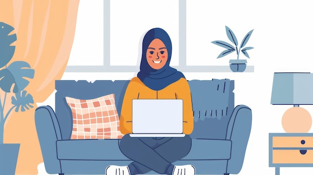 Una mujer musulmana sonriente con hijab está sentada en el sofá y navegando por la red en casa