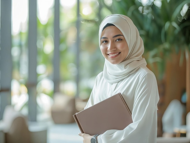 Una mujer musulmana sonriente sosteniendo una carpeta
