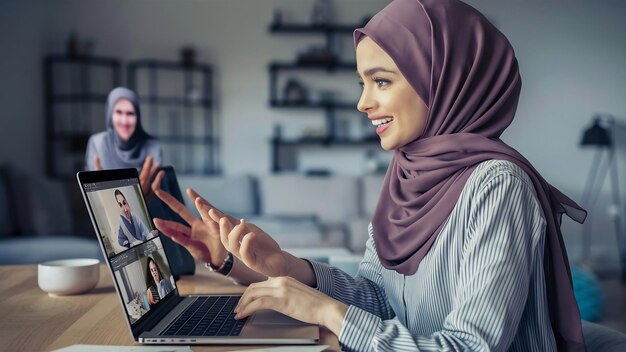 Una mujer musulmana usa el hijab usando una computadora portátil habla con sus colegas sobre el plan en una reunión de videoconferencia