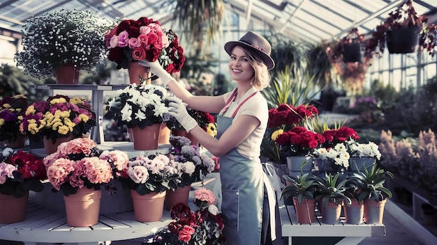 Una mujer muy atractiva florista que trabaja en el centro de jardinería de invernadero arreglando flores en maceta para sa