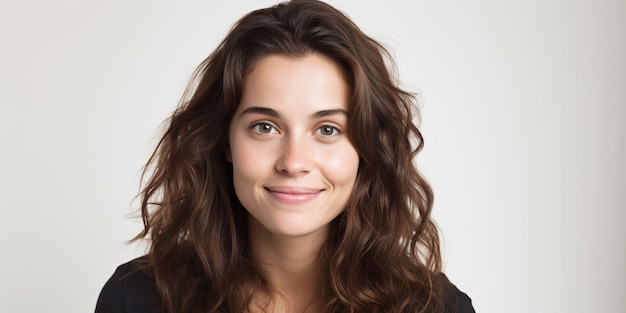 Una mujer muy hermosa de 30 años con una sonrisa suave contra un fondo blanco encanto natural y belleza interior IA IA generativa