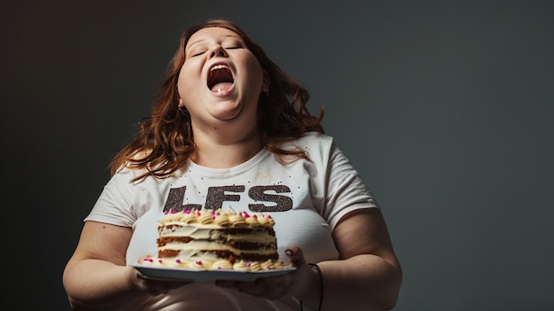 una mujer muy obesa que lleva una camiseta con el texto LFS comer 2