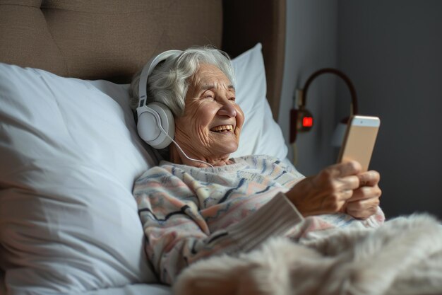 Foto una mujer muy vieja acostada en la cama con teléfono celular y auriculares ella es muy feliz