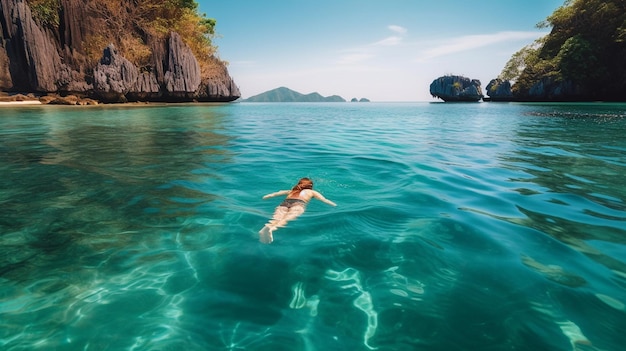 Una mujer nada en agua de mar clara en Asia gracias a la IA generativa