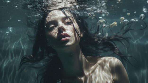 una mujer nada bajo el agua con el sol brillando en su cara.