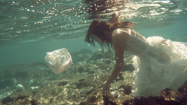 Foto una mujer está nadando en el agua con una bolsa de plástico