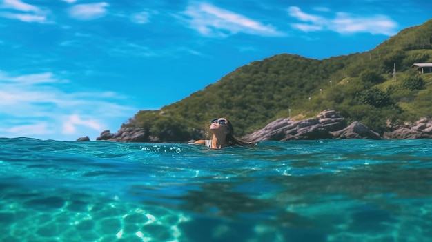 Una mujer nadando en el agua con un cielo azul de fondo.