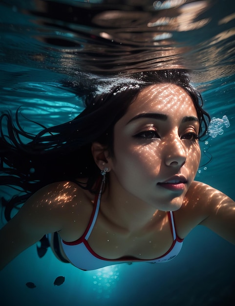 Mujer nadando bajo el agua en el océano