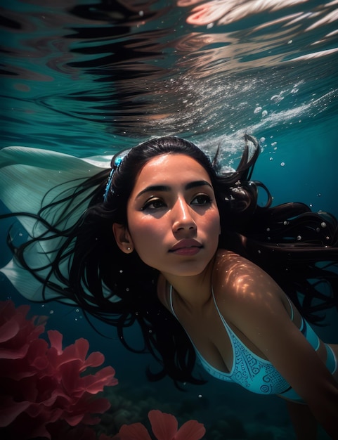 Foto mujer nadando bajo el agua en el océano