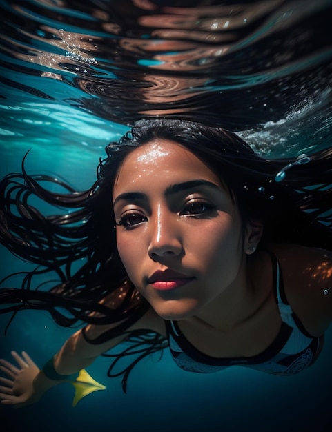 Mujer nadando bajo el agua en el océano