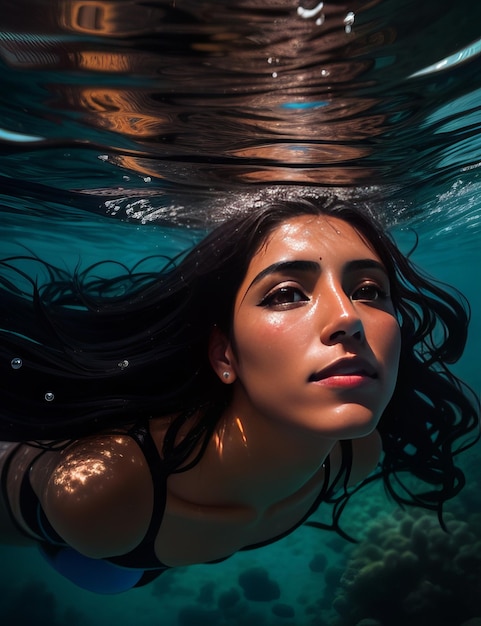 Mujer nadando bajo el agua en el océano