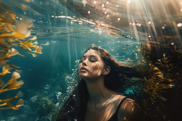 Una mujer nadando en el agua rodeada de plantas