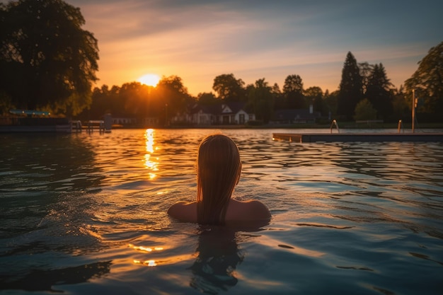 Una mujer nadando en un lago con la puesta de sol detrás de ella.