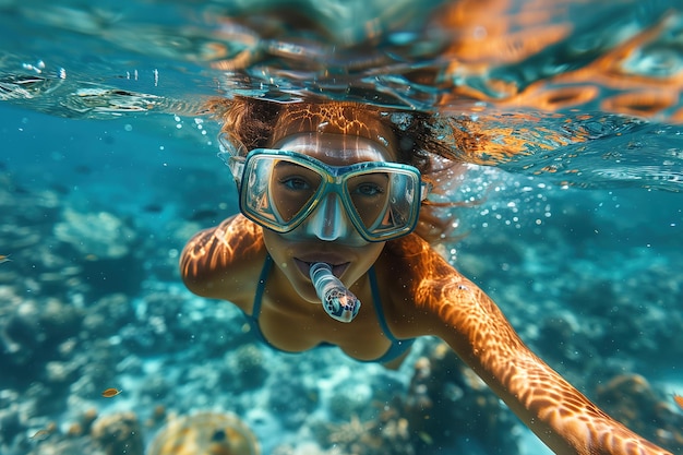 Mujer nadando con máscara y gafas en el océano