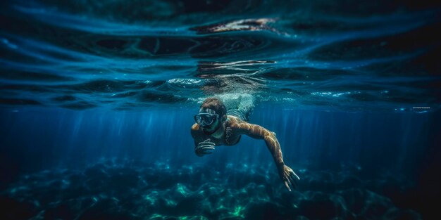 Una mujer nadando en el océano con una máscara de snorkel.