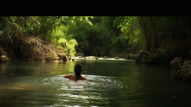 Foto mujer nadando en el río selva tropical