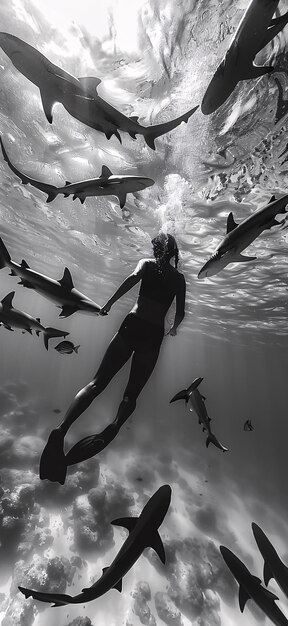 Foto una mujer nadando con tiburones